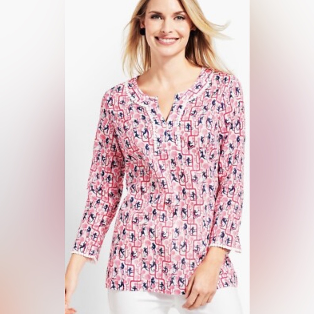 Talbots Monkey Print 🙈 Shades of Pink, Navy & White Tunic Blouse